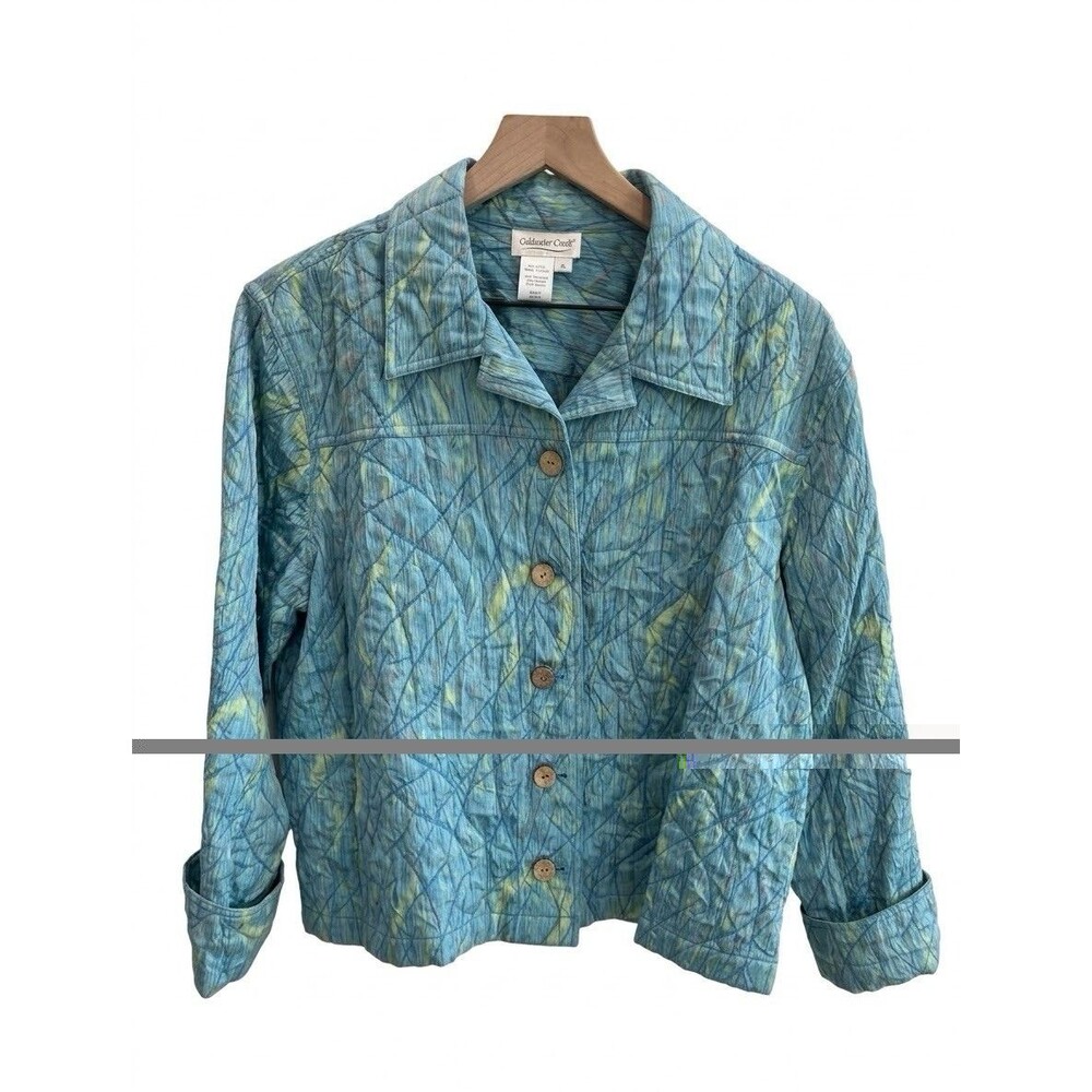 Coldwater Creek Quilted Jacket Women XL Blue Green Button Front Boho Art to Wear